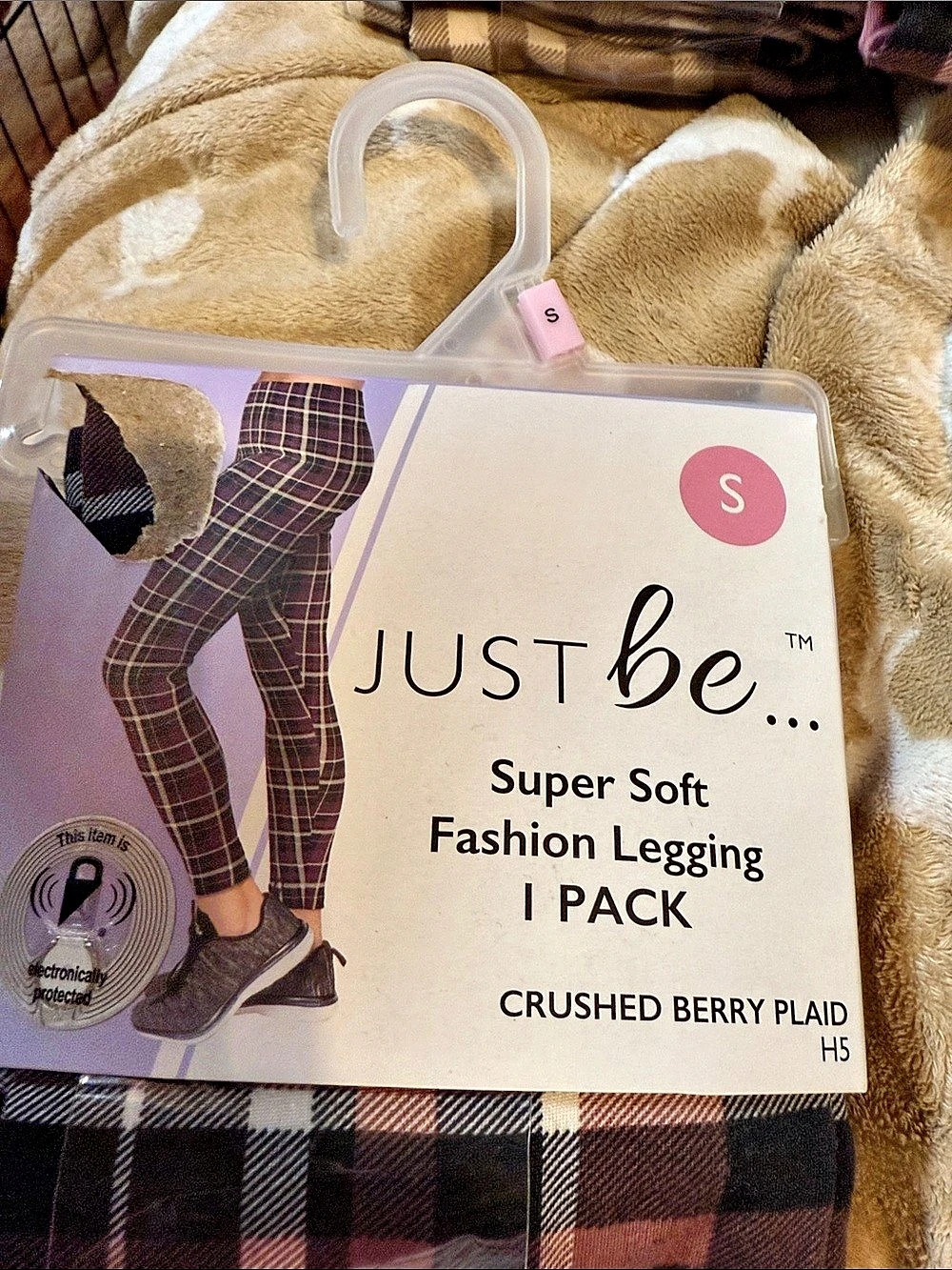 Just Be. Super Soft Fashion Legging. Plaid Brown & Pink Small